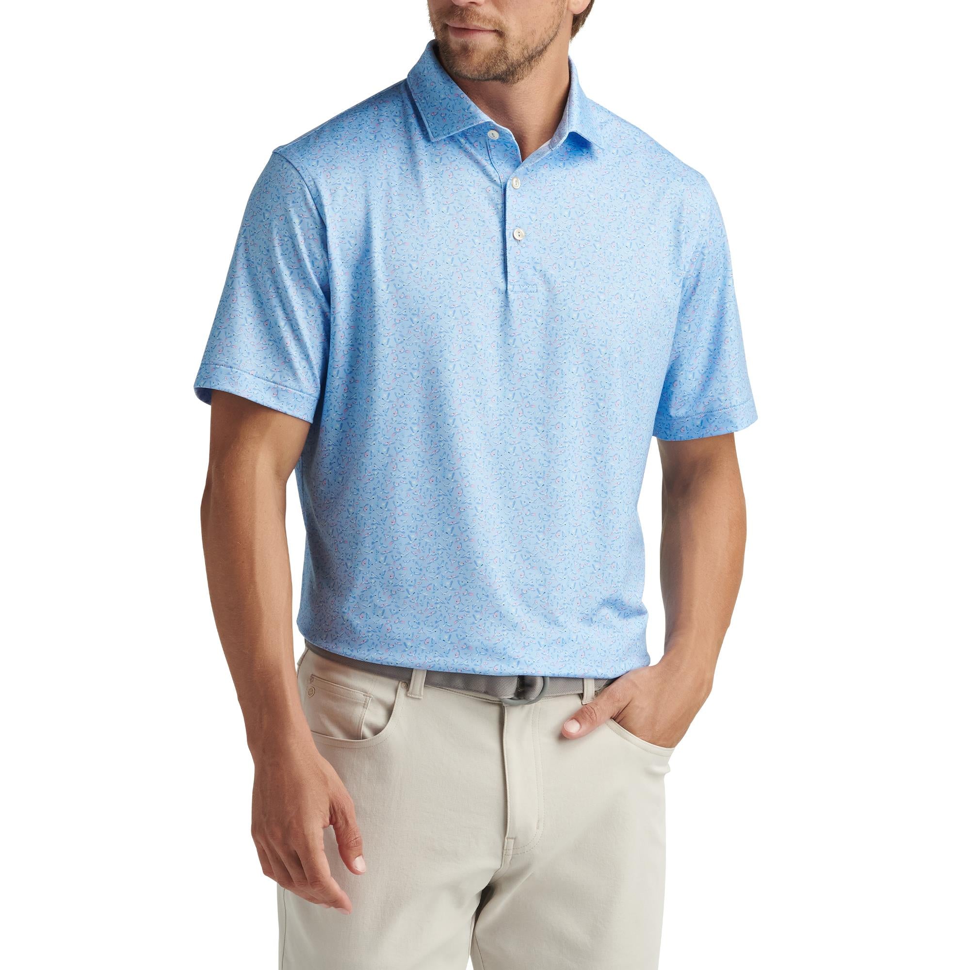 Model front view wearing Peter Millar Macaw Country Performance Polo Shirt – stylish mens golf polo